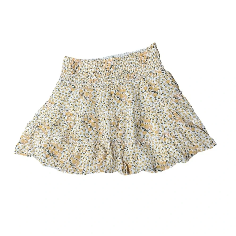 American Eagle Outfitters Floral Smocked Tiered Mini Skirt Yellow White XS‎